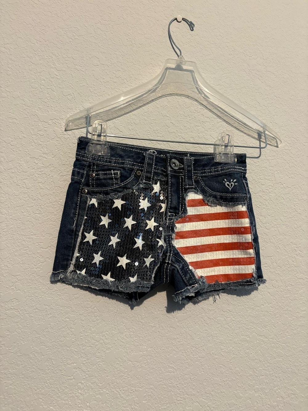 Justice Girls Flag Sequin Denim Shorts - Dark Blue, Red, White - Picture 2 of 5